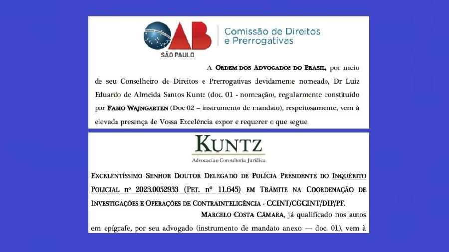 Manifestações de Daniel Kuntz à PF; em uma delas, fala com a marca de seu escritório; em outra, usa o timbre da OAB-SP como se atuasse em favor de seu cliente, mas em nome da entidade. Nos dois casos, diz à PF que o STF não é o foro para cuidar do caso das joias. A Polícia não tem nada com isso