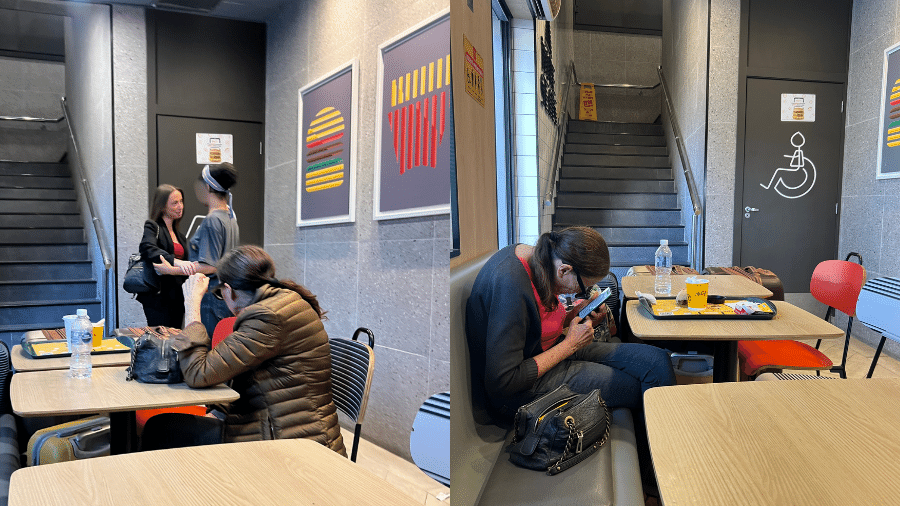 Fotos mostram Bruna conversando com uma funcionária; e a mãe, Susane, em outro dia olhando o celular na unidade do McDonald's no Leblon, na zona sul do Rio
