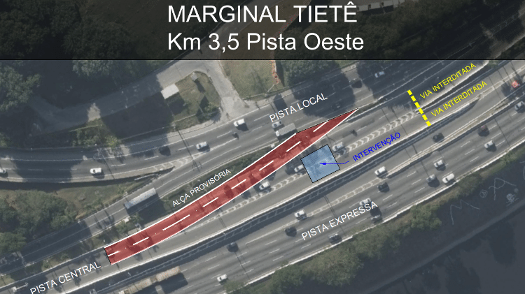 Alça vai permitir o acesso de quem está na pista local para a pista central, até que cratera na pista seja fechada Alça vai permitir o acesso de quem está na pista local para a pista central, até que cratera na pista seja fechada
