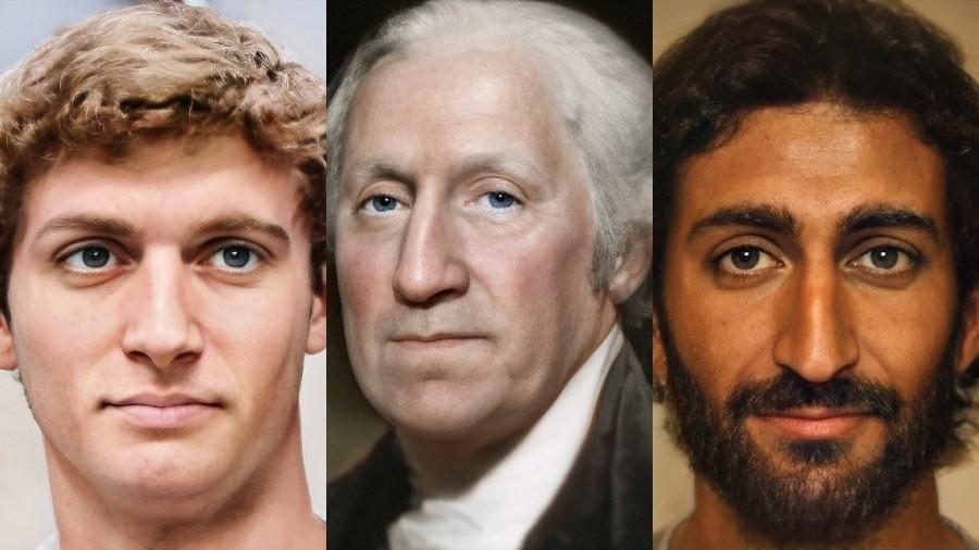 Rostos de George Washington e Jesus Cristo moldados por IA usada pelo fotógrafo Bas Uterwijk  - Divulgação/Bas Uterwijk