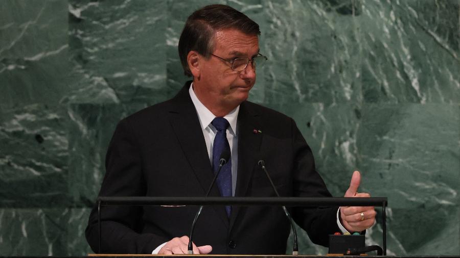 20.set.22 - O presidente brasileiro Jair Bolsonaro discursa durante a 77ª Assembleia-Geral da ONU, em Nova York - Brendan Mcdermid/Reuters