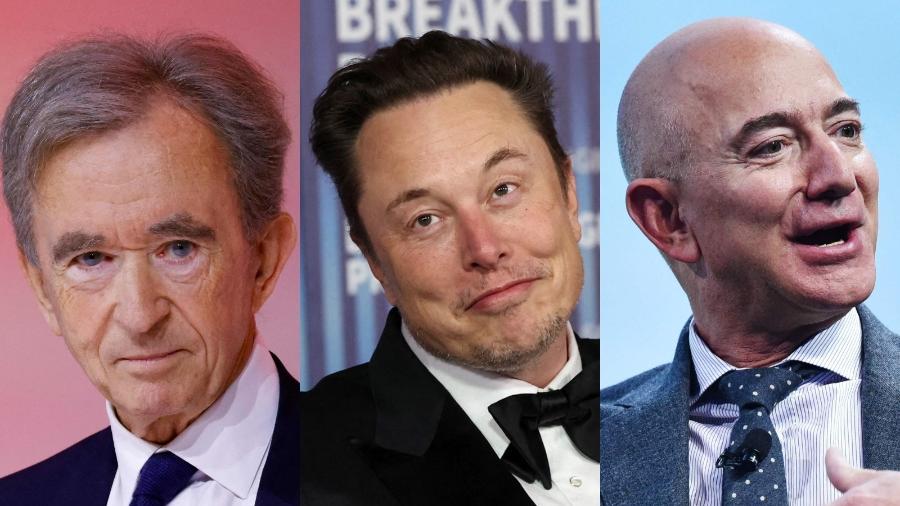 Bernard Arnault, Elon Musk e Jeff Bezos lideram a lista de bilionários com fortunas de 12 dígitos - Ludovic Marin/AFP, Mario Anzuoni/Reuters e Mandel Ngan/AFP