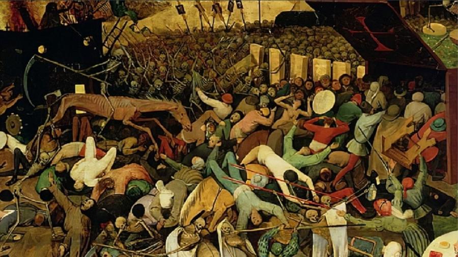 Detalhe ampliado do quadro "O Triunfo da Morte", de Bruegel. A parte da elite que reclama da correta política de isolamento para este momento da crise prefere ter um Romero Britto na sala e especular sobre a morte dos pobres e pretos - Reprodução