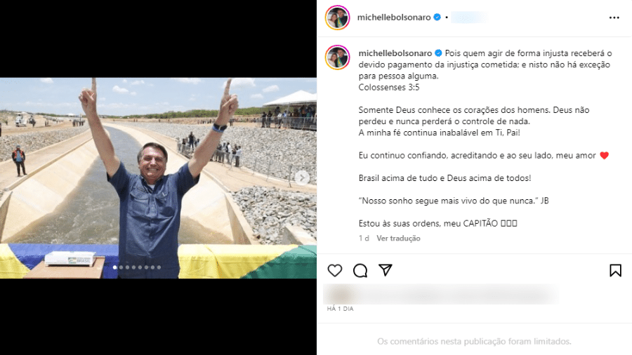 01.jul.2023 - Michelle Bolsonaro fez referência a trecho diferente ao citado na publicação - Reprodução Instagram
