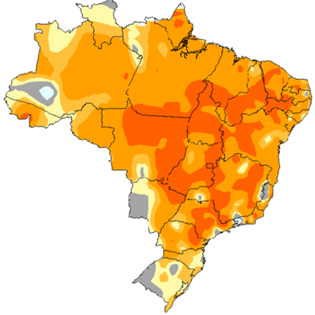 Mapa mostra locais com temperaturas mais elevadas em laranja e vermelho