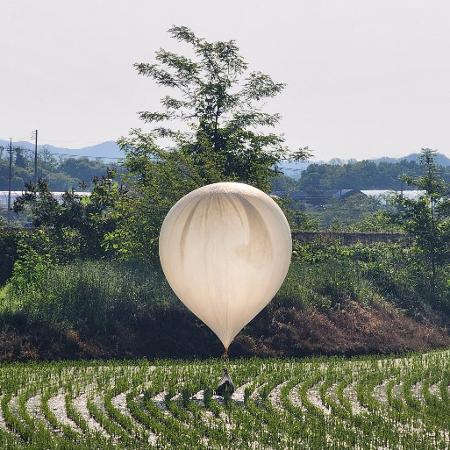 Balão enviado pela Coreia do Norte é visto sobre um campo de arroz em Cheorwon, Coreia do Sul - Yonhap via Reuters/29.mai.2024