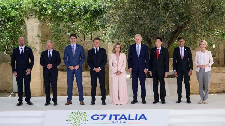 Líderes da União Europeia, Alemanha, Canadá, França, Itália, EUA, Japão e Reino Unido em reunião do G7, na Itália