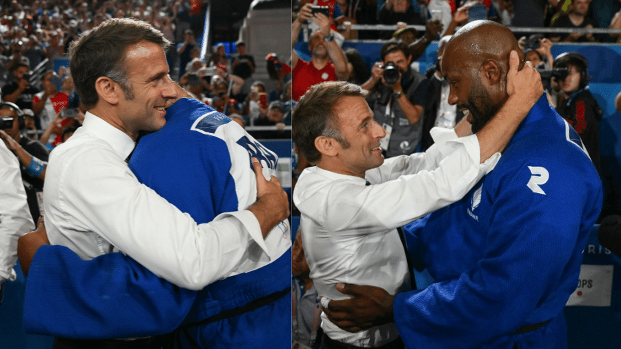 Macron abraçando os judocas Romane Dicko e Teddy Riner 