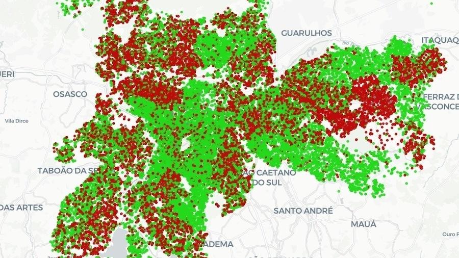 Solicitações de poda ou remoção de árvores: em verde, as que foram finalizadas; em vermelho, as que estão em aberto no site da Prefeitura de SP