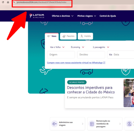 É possível verificar que, apesar de parecido, o site não corresponde ao canal oficial da Latam