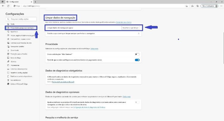 Limpeza cache Edge - browser - Reprodução - Reprodução