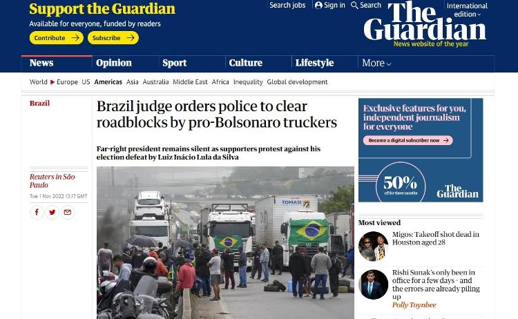 Le journal The Guardian rapporte l'ordre de Moraes de déverrouiller les routes - Reproduction - Reproduction