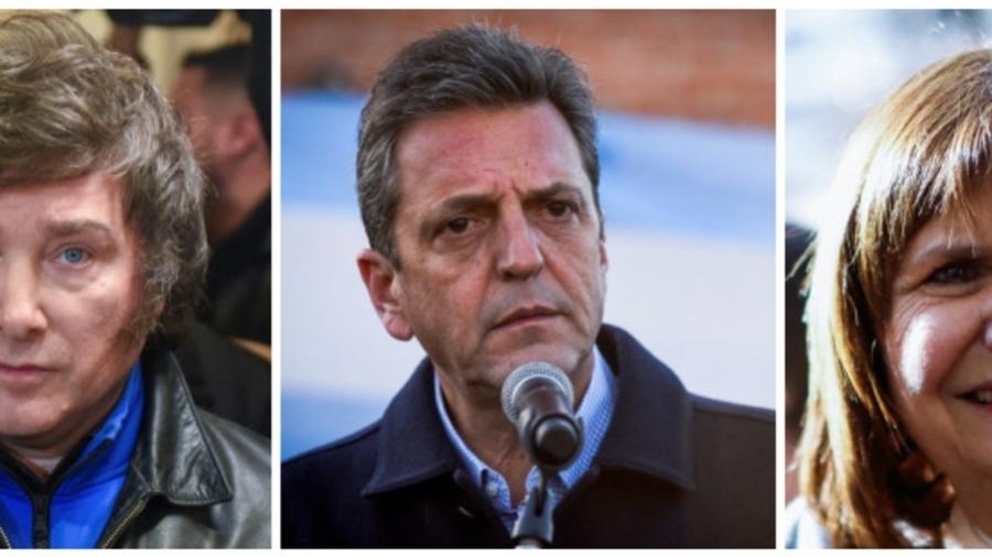 Candidatos à Presidência na Argentina: Javier Milei, Sergio Massa e Patricia Bullrich