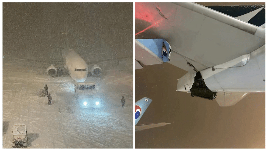O avião da Cathay Pacific ficou com um grande buraco sob uma das asas após a colisão