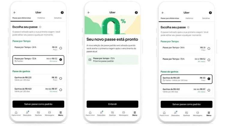 Capturas de tela do recurso Passe para Motoristas, da Uber