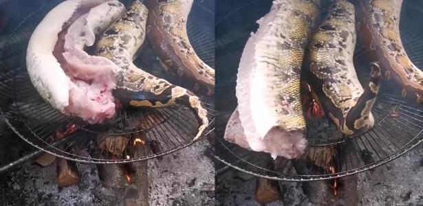 Python snake wriggling while being prepared at a barbecue