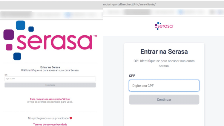 À esquerda, página falsa que imita a Serasa; à direita, página oficial da Serasa