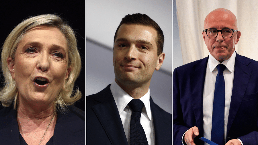 Marine Le Pen, Jordan Bardella e Eric Ciotti 