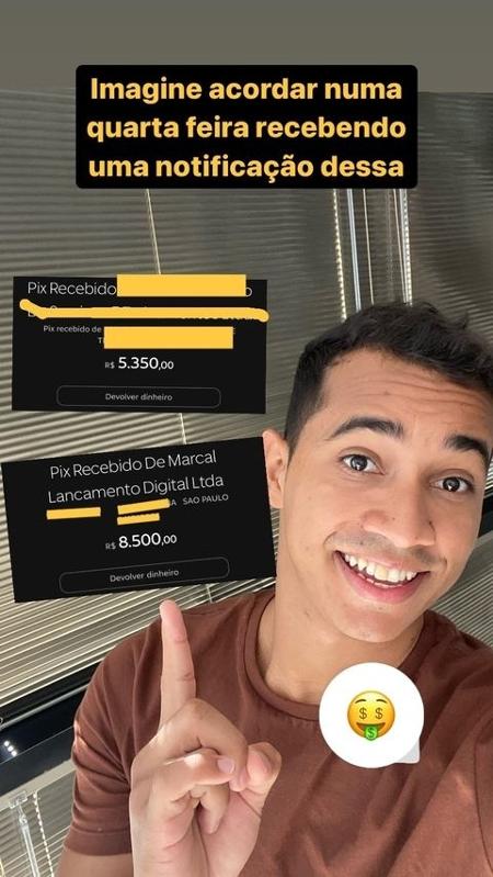 Influenciador Daniel Sorriso mostra comprovante de Pix de R$ 8.500 da Marcal Lancamento Digital LTDA, uma das empresas de Pablo Marçal