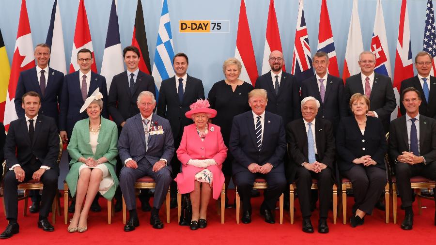 5.jun.2019 - Líderes se encontraram no Reino Unido para acompanharem as celebrações dos 75 anos do "Dia D", o desembarque dos Aliados na Normandia - Jack Hill/Pool/AFP