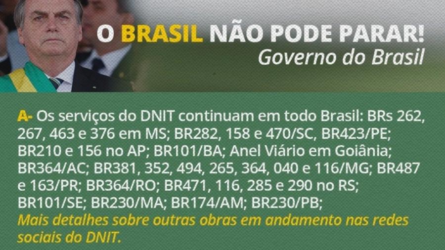 9.mai.2020 - O presidente Jair Bolsonaro voltou a usar o slogan da campanha "O Brasil não pode parar" nas redes sociais - Reprodução/Twitter