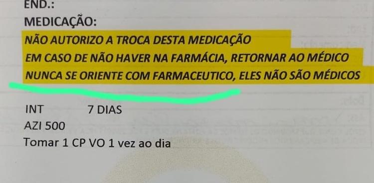 Prescrição feita em São Paulo pede que haja a troca pelo genérico e cita farmacêuticos