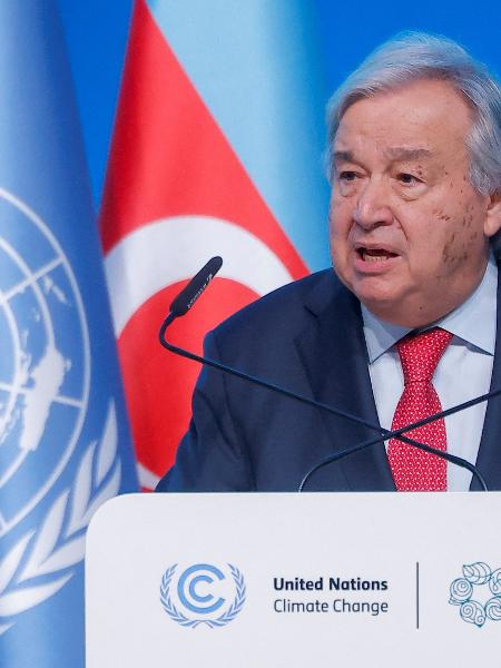 O Secretário-Geral das Nações Unidas, Antonio Guterres, discursa durante a Cerimônia de Abertura da conferência das Nações Unidas sobre mudanças climáticas COP29 em Baku, Azerbaijão, 12 de novembro de 2024