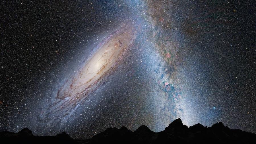 Simulação da imagem no céu, vista da Terra, da colisão entre a Via Láctea e a galáxia de Andrômeda - Nasa; ESA; A. Feild e R. van der Marel, STScI