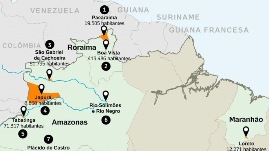 Mapa da região em disputa de facções no Norte do país