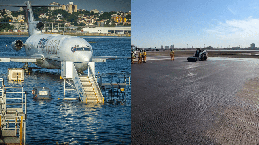Pistas de pouso e decolagem do Aeroporto Salgado Filho, em Porto Alegre; na primeira foto, em 22 de maio 