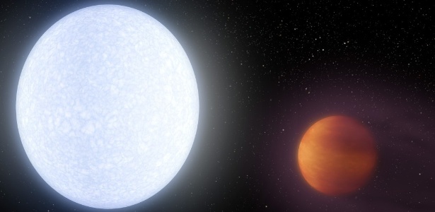O exoplaneta KELT-9b (à direita) orbita na em torno da estrela KELT-9 (à esquerda)