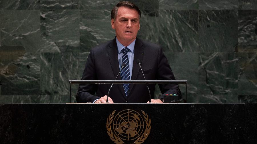 24.set.2019 - O presidente Jair Bolsonaro durante discurso na 74ª Assembleia Geral da ONU, em Nova York - Johannes Eisele/AFP