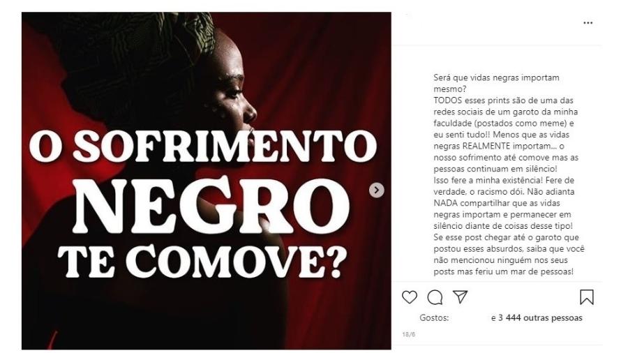 Estudante é investigado por posts racistas em Santos (SP) - Reprodução/Instagram