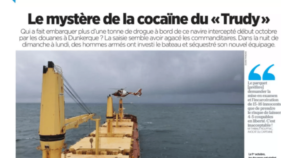 Navio Trudy tinha mais de uma tonelada de cocaína - Reprodução/Le Parisien via RFI