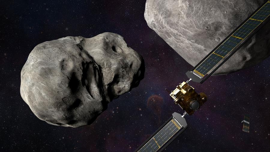 Objetivo da missão DART, ilustrada na imagem, foi bater em asteroide para desviá-lo de rota - Nasa