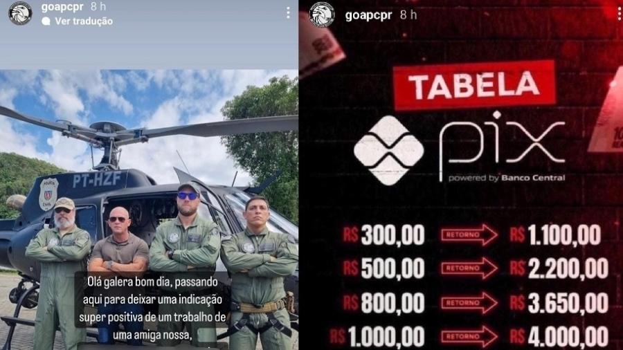 Publicação mostra uma foto do secretário de Segurança Pública com outros militares e um texto prometendo falsos lucros em transferências de Pix