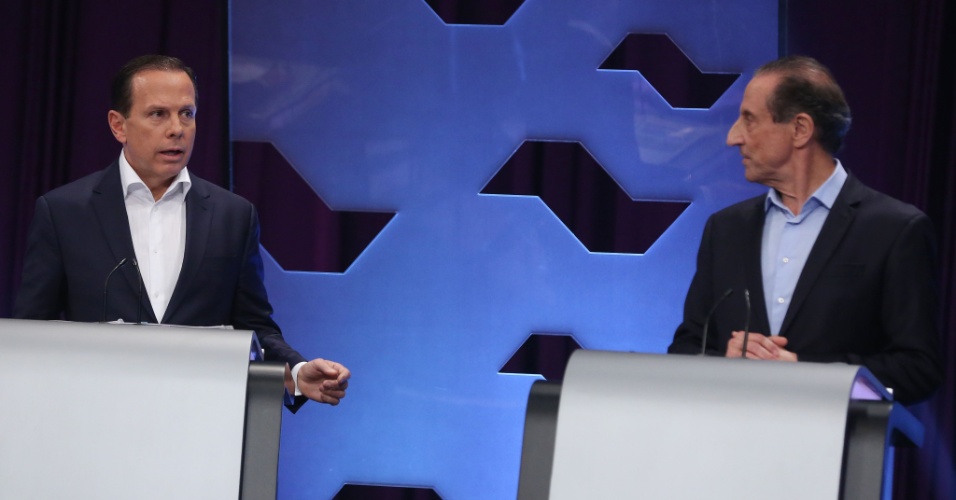 19.set.2018 -Os candidatos ao governo de SP, Joao Doria (PSDB) e Paulo Skaf (MDB), durante debate promovido pelo UOL, Folha de S. Paulo e SBT na sede da emissora