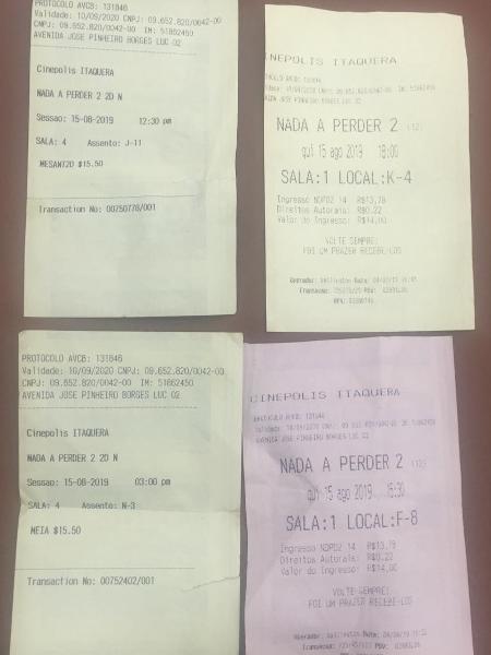 Ingressos para o filme Nada a Perder 2; os da direita foram distribuídos para a reportagem do UOL gratuitamente, já os da esquerda foram adquiridos na bilheteria - UOL - UOL