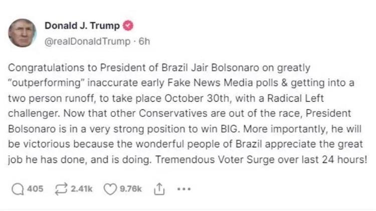 Trump congratulates Bolsonaro on 2nd round