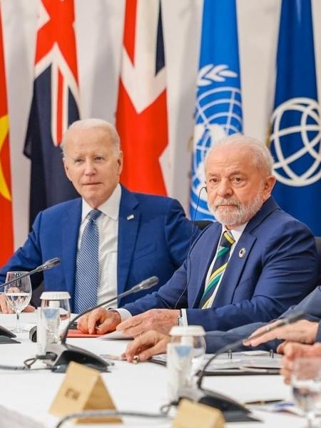 20.mai.2023 - Lula ficou ao lado do presidente dos Estados Unidos durante reunião do G7