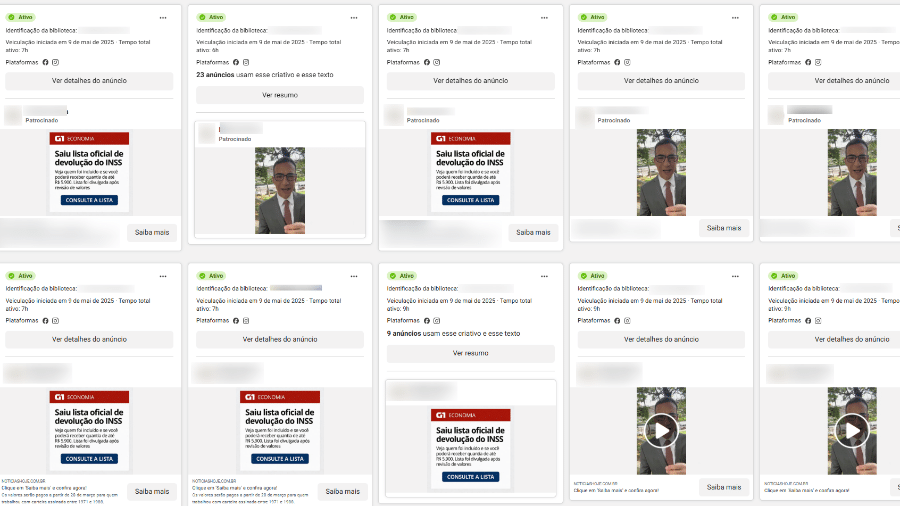 Biblioteca de Anúncios da Meta reúne mais de 300 anúncios com falsa promessa de indenização de valores do INSS - Reprodução/Biblioteca de Anúncios da Meta