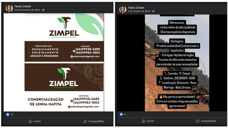 Anúncios publicados no Facebook de Taiany Zimpel oferecem serviços de desmatamento e venda de lenha nativa em Mato Grosso.