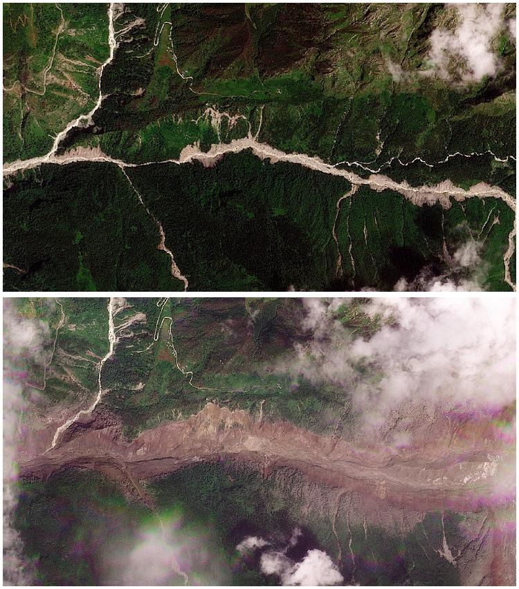 Uma composição de imagens de satélite mostra os vales próximos à fronteira entre o Nepal e a China em 25 de agosto de 2026, antes das inundações devastadoras (topo), e em 26 de agosto de 2026, após o desastre (base).