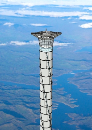 Segundo a empresa, a base do elevador é "uma torre pressurizada de forma pneumática e guiada de forma ativa sobre sua base" com giroscópios para compensar a pressão do vento - Divulgação