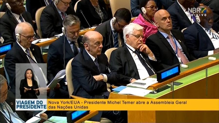set-2016 - José Serra, Moreira Franco e Alexandre de Moraes assistem a discurso de Temer na ONU - reprodução NBR