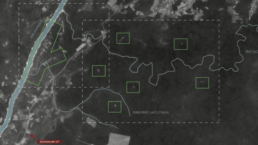 Imagem de satélite de 1967 mostra roçados indígenas e aldeias (em verde) em Oco"y Jakutinga, área que foi parcialmente inundada pelo reservatório de Itaipu - Reprodução