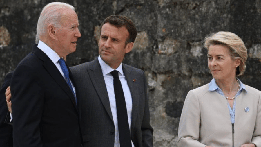Biden se uniu a outros líderes mundiais como o presidente francês Emmanuel Macron e a chefe da Comissão Europeia Ursula von der Leyen em encontro do G7 na Cornualha, Inglaterra - PA MEDIA