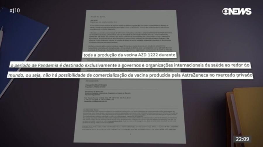 AstraZeneca enviou e-mail ao Ministério da Saúde informando que não negociava vacinas por intermediários no mercado privado - Reprodução/Globonews