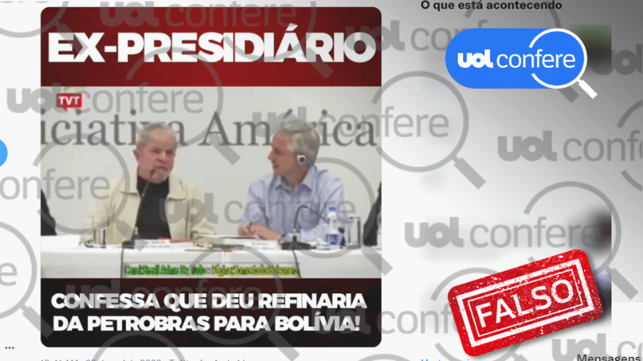 23.mai.2022 - É falso que Lula "deu" refinarias da Petrobras para a Bolívia; instalações foram vendidas - Arte/UOL sobre Reprodução/Twitter Carla Zambelli
