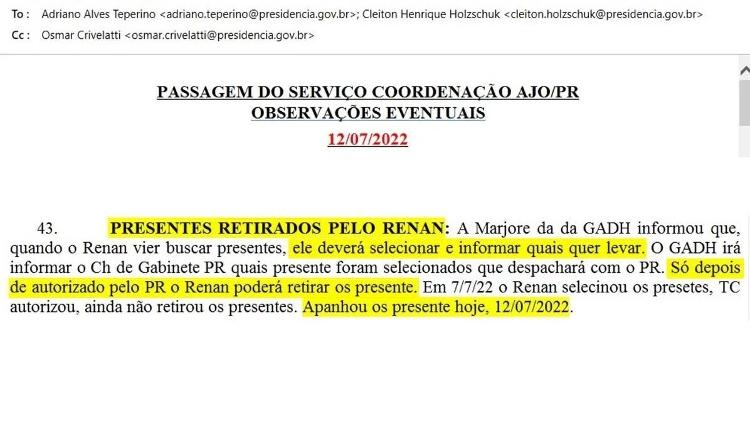 E-mail cita Jair Renan sobre busca de presentes dados à Presidência